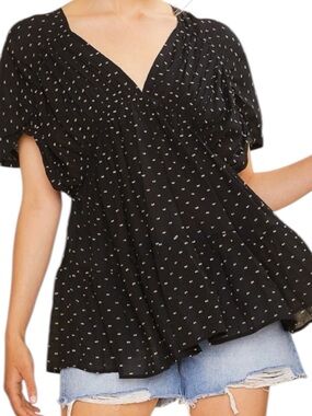 🆕 Anniewear - Polka Dot Flutter Sleeve Peplum Top - V Neck - Black - NWT